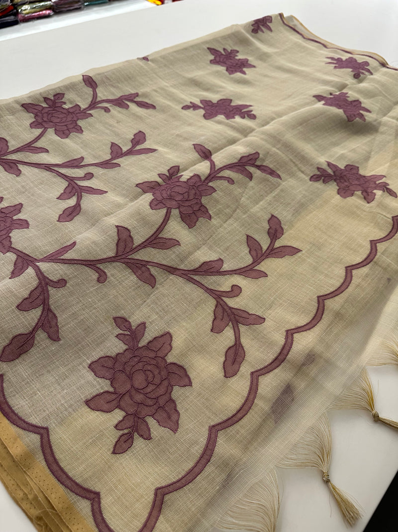 Appliqué work linen sarees🌹 -AU5