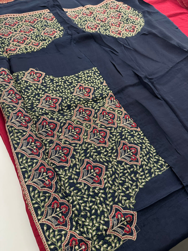 Pink Banarsi Crape Silk Fancy Saree contrast embroidery blouse piece-AU24