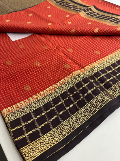 Rust orange with deep wine checks Banarasi Chinnon silk