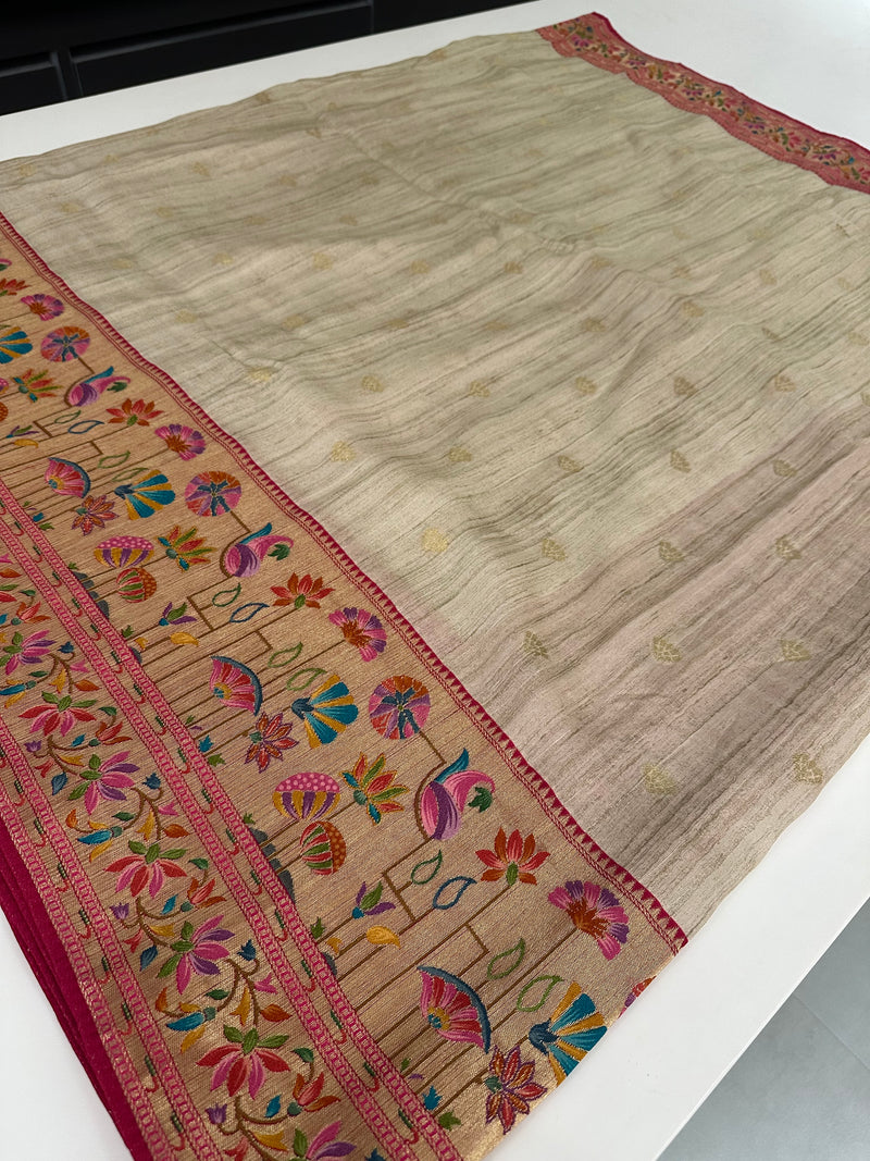Cream x Pink Pure Tussar Paithani Designer Saree - AU12