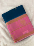 Semi Crepe Silk Saree - Peacock Blue x Baby Pink (J29)