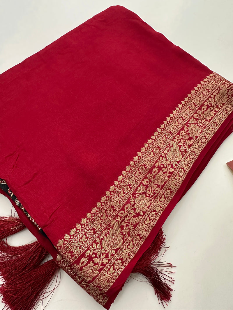 Pink Banarsi Crape Silk Fancy Saree contrast embroidery blouse piece-AU24
