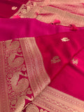 Rani pink crepe banaras saree with peacock buttas and big rich border,, comes with fancy self blouse,, beautiful feel fall fabric🌹 🌹-AU3