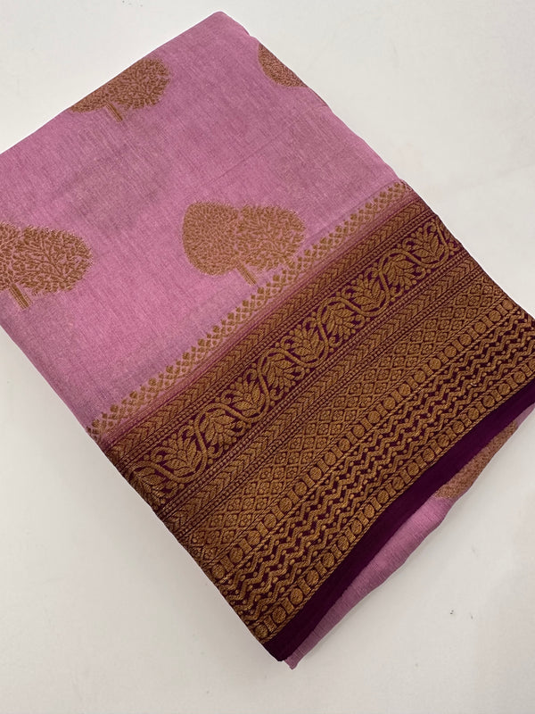 Baby Pink x Purple Tussar Cotton Saree with Double Leaf Butta All Over JU24