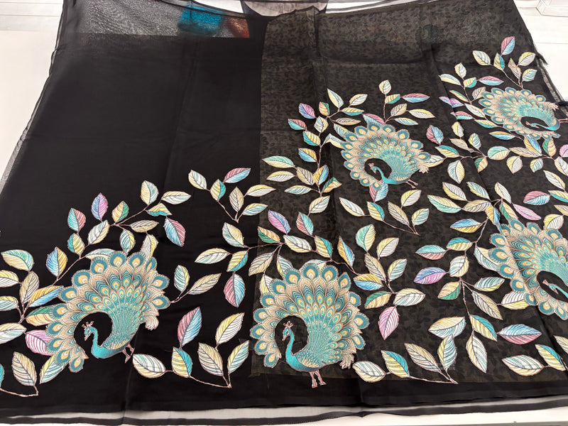 Black Patch Work Netted Kora Fabric Designer Saree