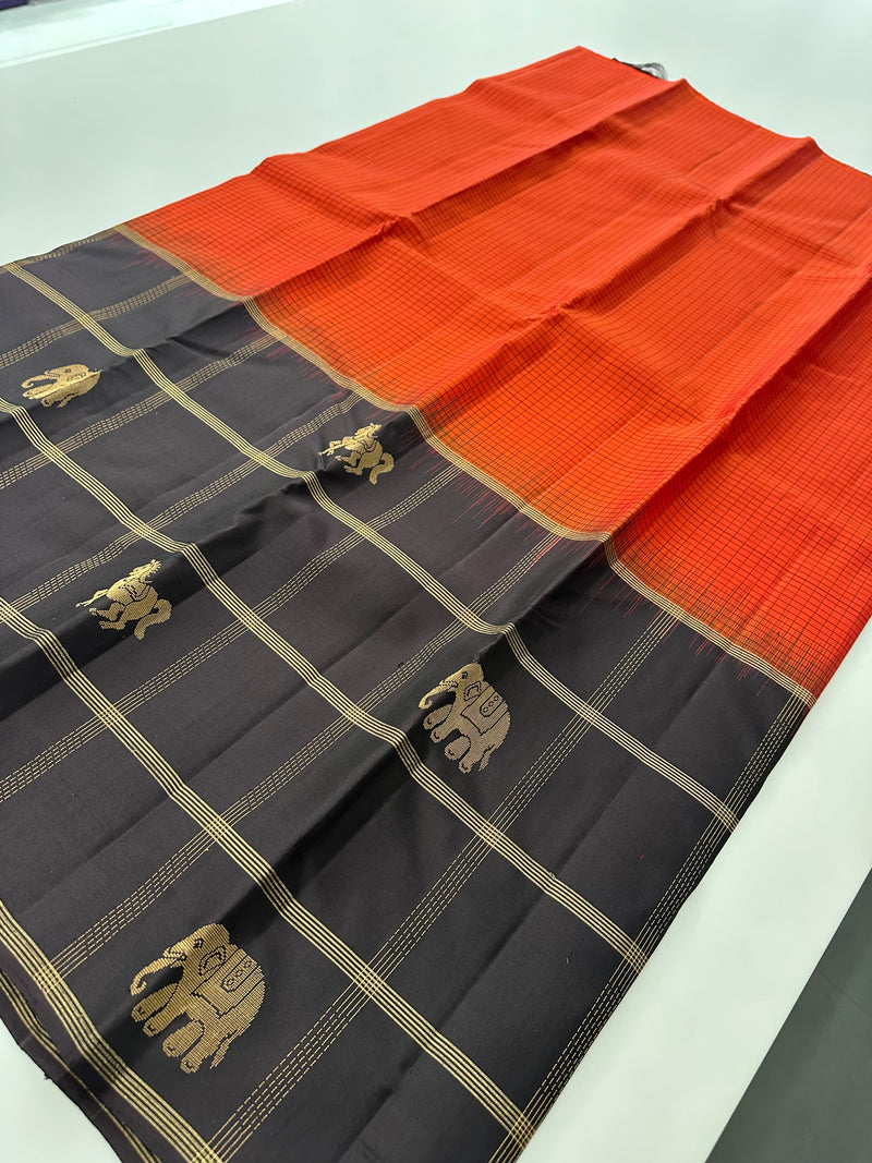 Designer Pure Kanchi Silk Orange x Brown -AU4