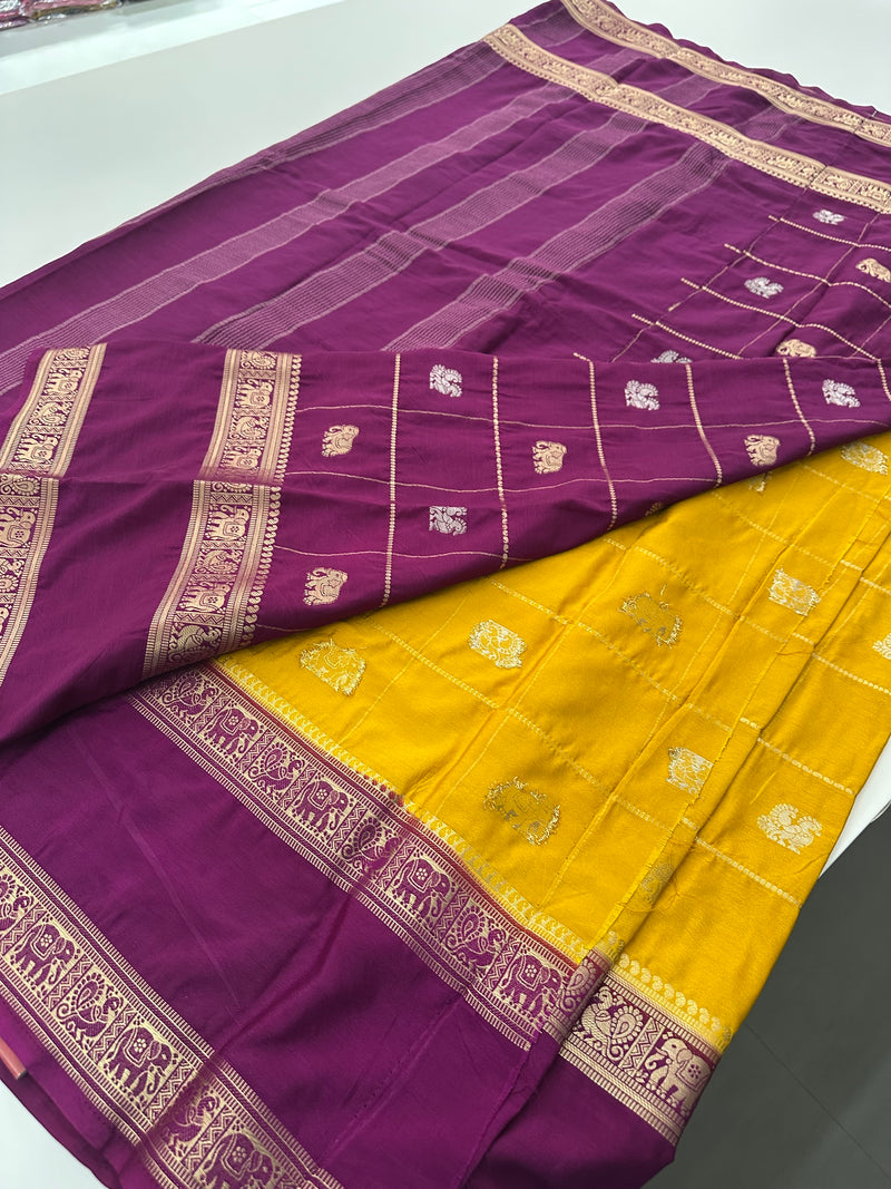 Premium Semi Mysore Silk sarees with silver and gold weavings and contrast blouse piece🌹-AU9