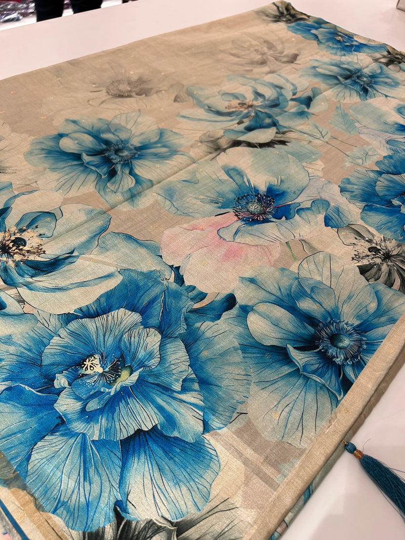 Digital floral Printed Tussar Saree,, contrast butti blouses🌹/- AU12