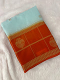 Semi Crepe Silk Saree - Sky Blue x Orange (J29)