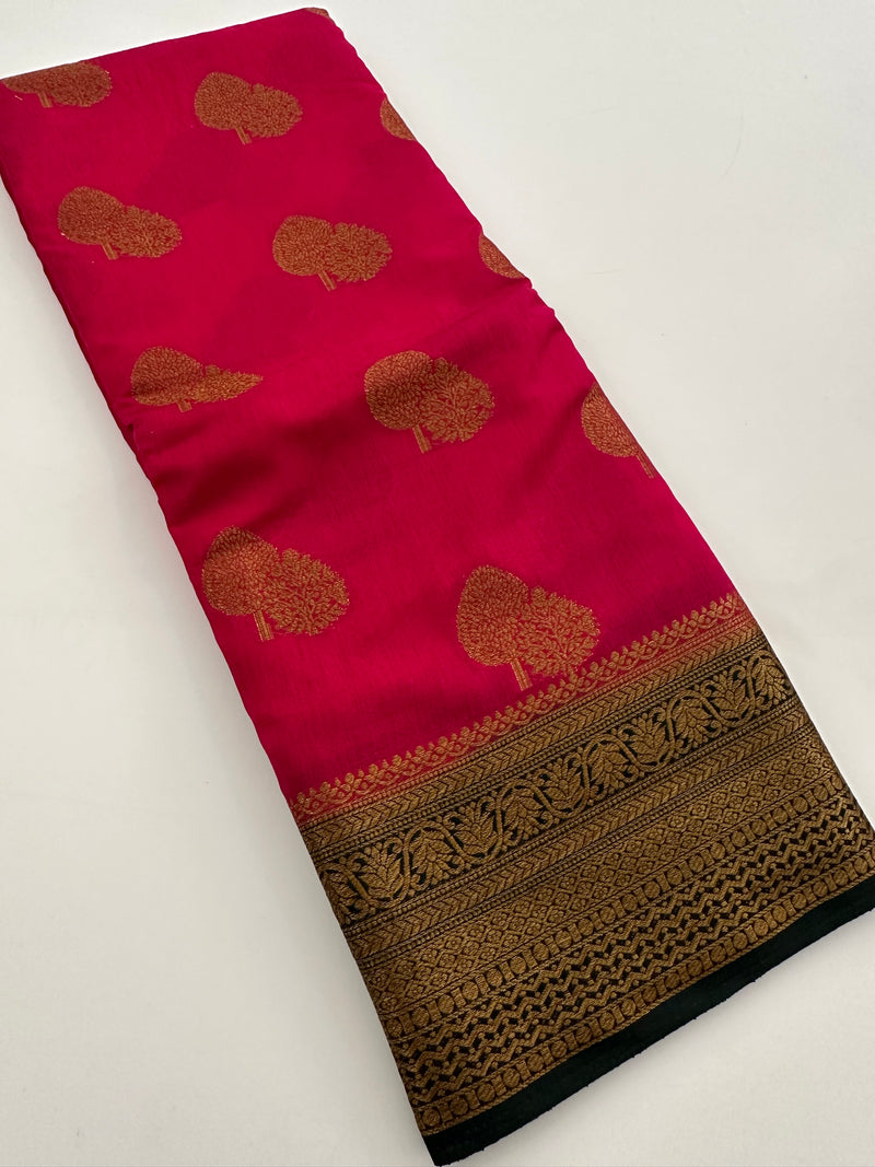 Rani Pink x Green Tussar Cotton Saree with Double Leaf Butta All Over JU24