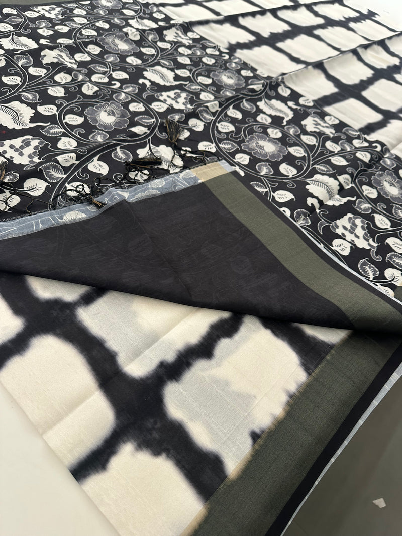 Black and White Tussar Printed Saree- JU28