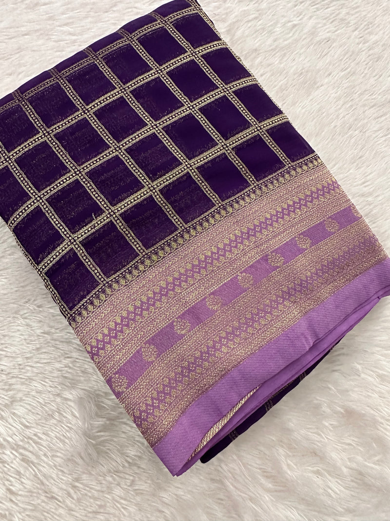 Premium Georgette Sarees In Checks Zari and Small Border with Contrast Blouse Piece 🌹-JU18