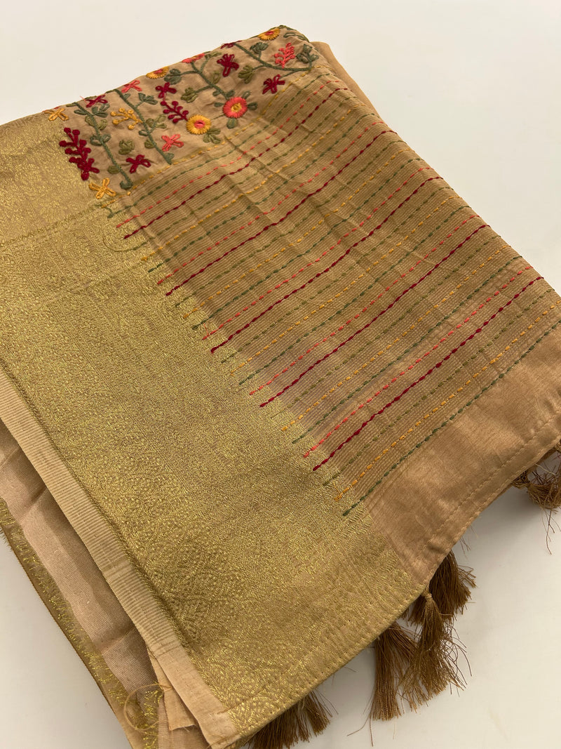 Katha And Jari Border Embroidery Sarees,, Fabric-Crepe Tussar,, Katha Style Blouse Piece🌹-JU30