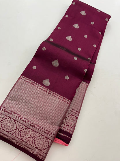 Wine X Baby pink Puremix silk saree