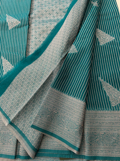 Peacock blue silver linen cotton saree-DC712