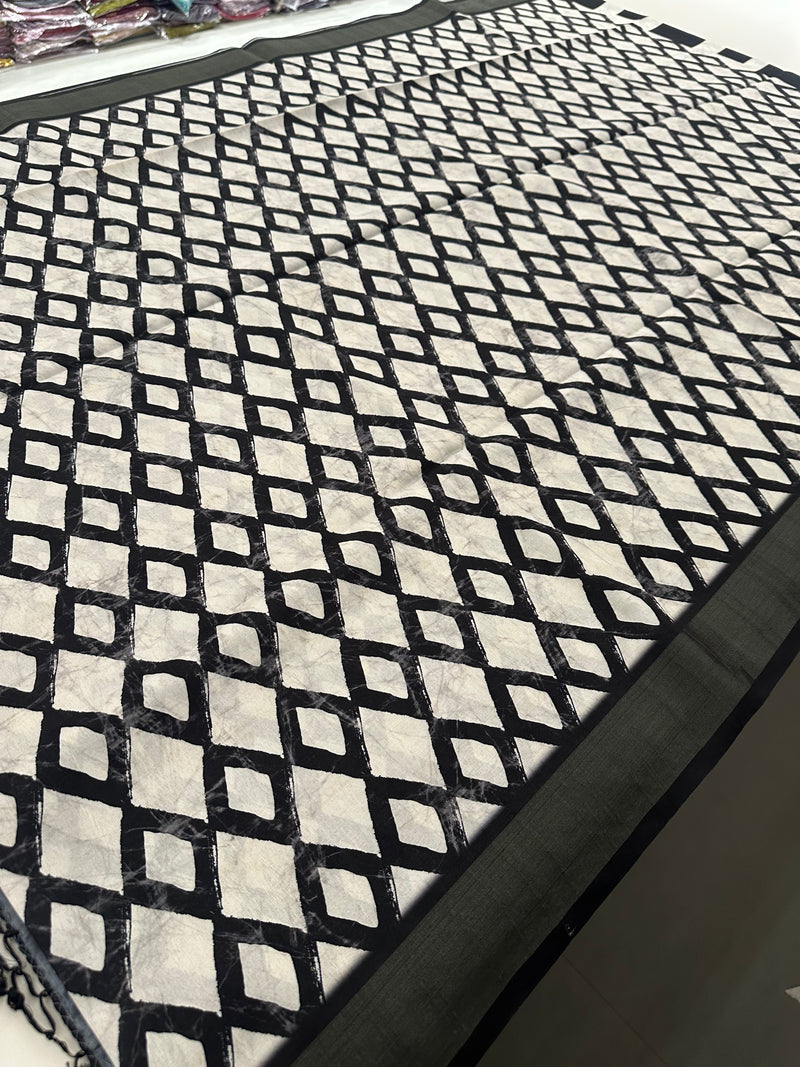 Black and White Tussar Printed Saree- JU28