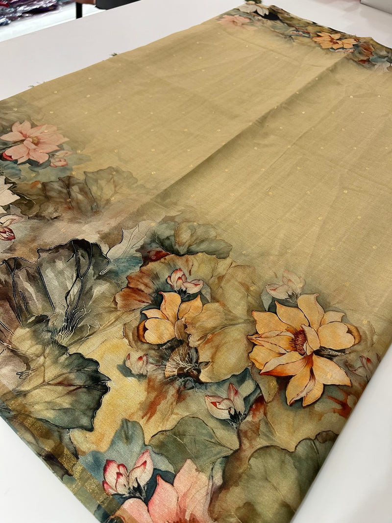 Digital floral Printed Tussar Saree,, contrast butti blouses🌹  1700/- AU12