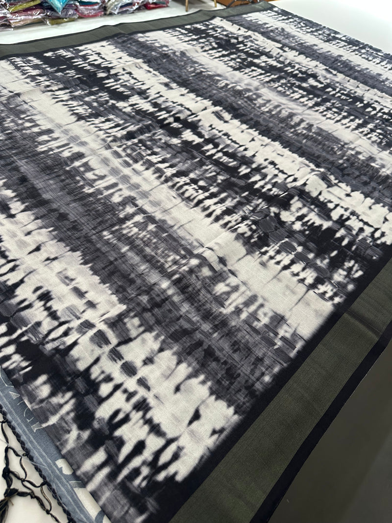 Black and White Tussar Printed Saree- JU28