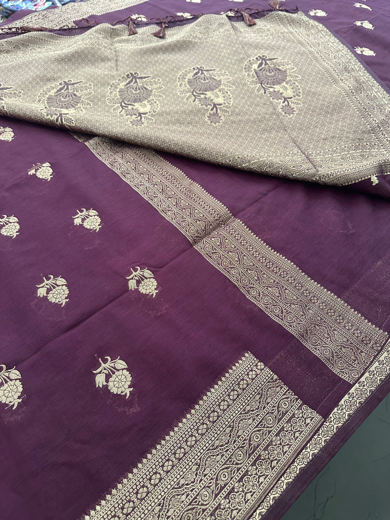 Venkatagiri fancy soft Linen Cotton sarees with self blouse and fancy Border and Butties all over🌹 - AU12