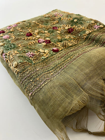 Designer linen  saree full embroidery