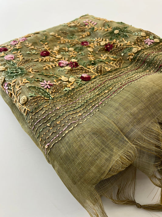 Designer linen  saree full embroidery