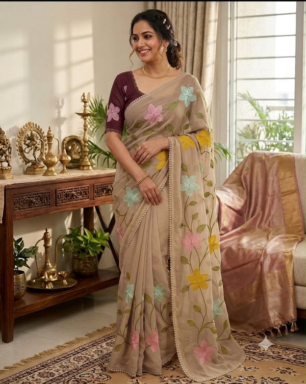Start Georgette Saree With Embroidery Work-J30