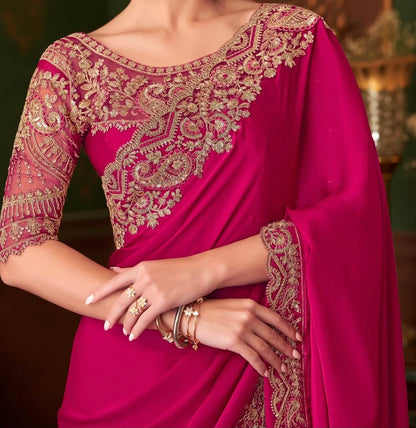 Hot Pink Satin Designer Party Wear Saree-TFH SW 1416