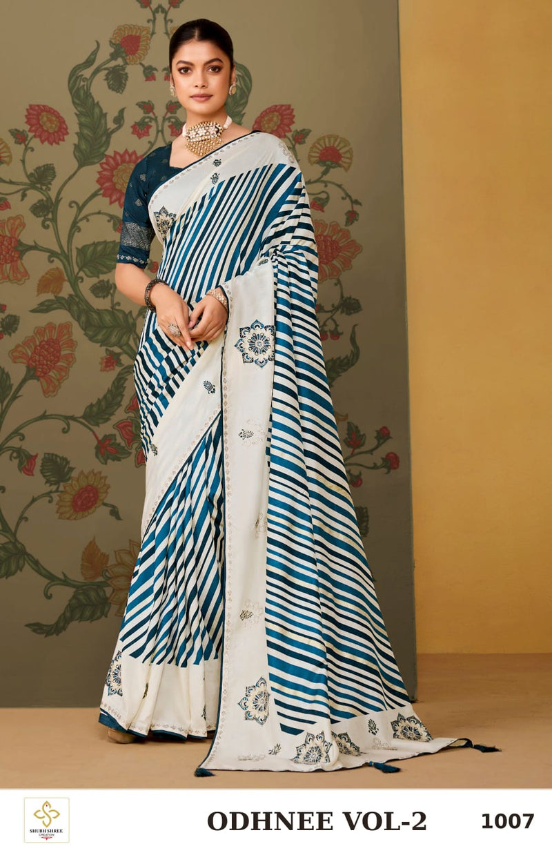 ODHNEE VOL-2 1007 - Peacock Teal Tussar Silk Lahariya Saree