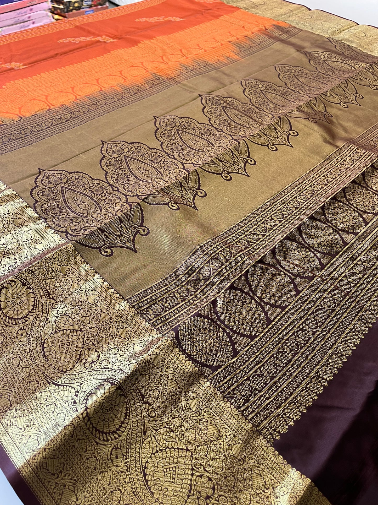 Rust orange x deep wine semi Pattu saree