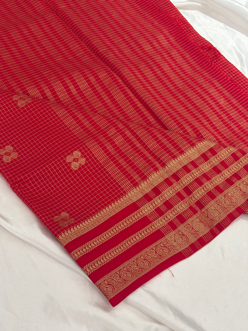 Red Semi Mysore Silk Checks Saree with Butta - AU13