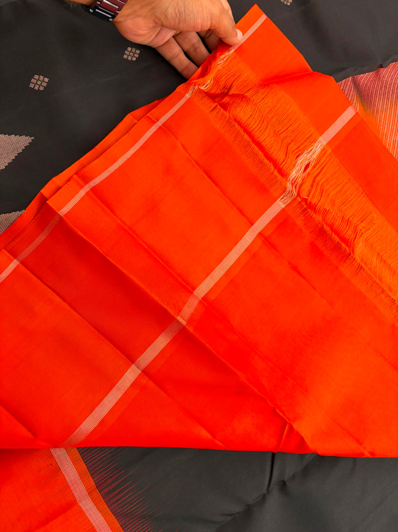 Pure Kanjeevaram Silk Saree Black X Orange