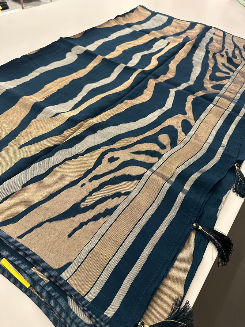 Peacock Blue Designer Chinnon Silk Saree – Zigzag Design AU24