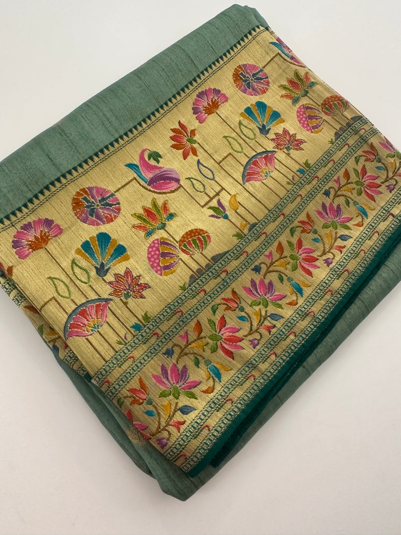 Pista Green Pure Tussar Paithani Designer Saree - AU12