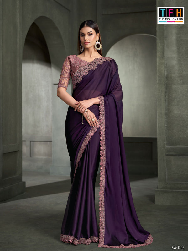 SW-1703 — PURPLE SARTIN SILK CHIFFON SAREE & BANGLORE WORK BLOUSE