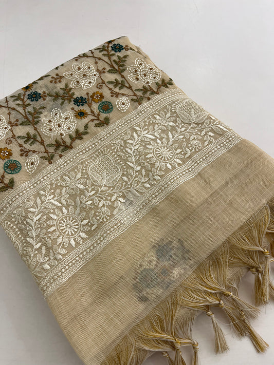 Linen embroidery fancy saree