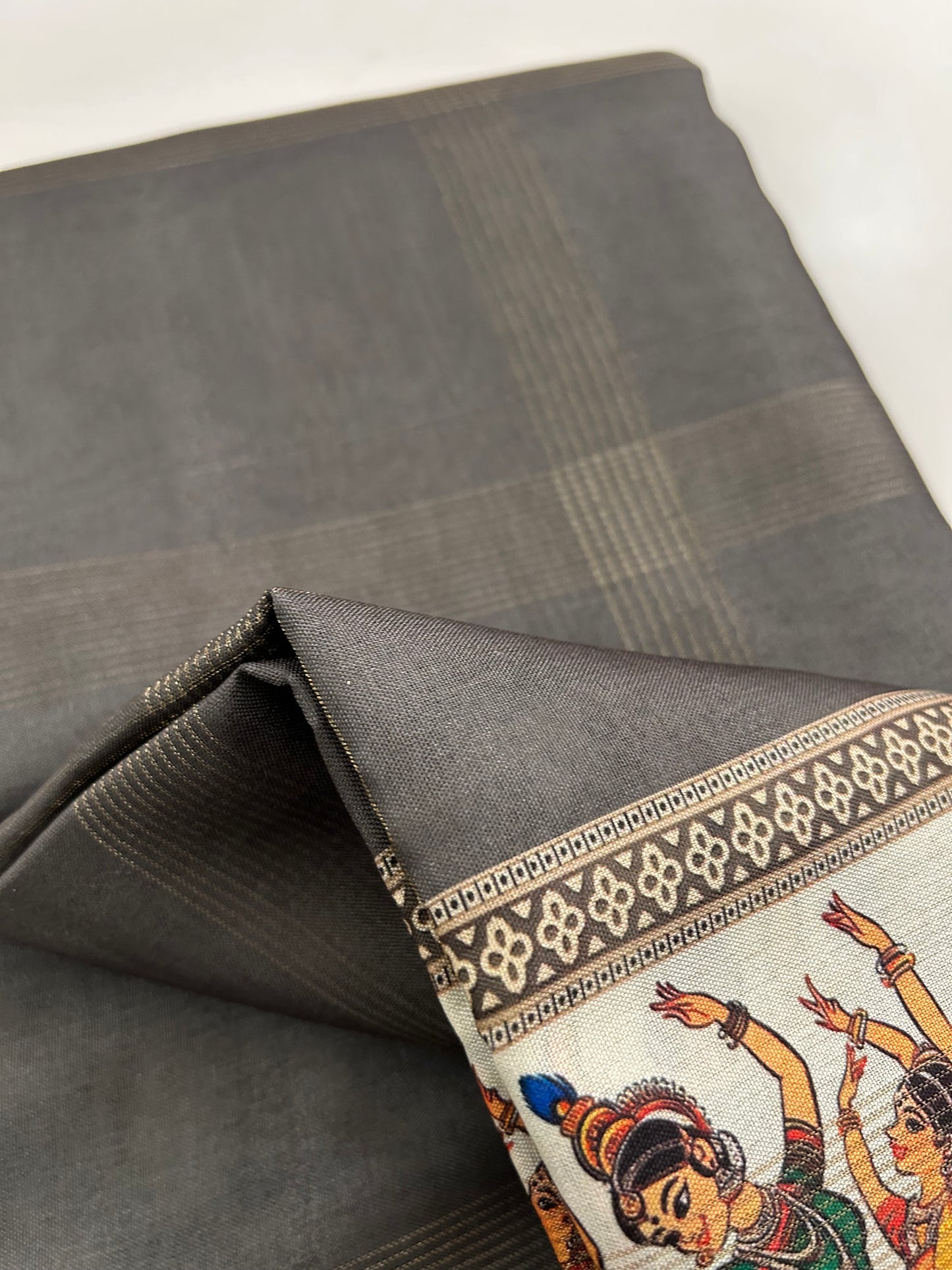 Kalamkari grey chiffon saree with traditional styled prints-BS101