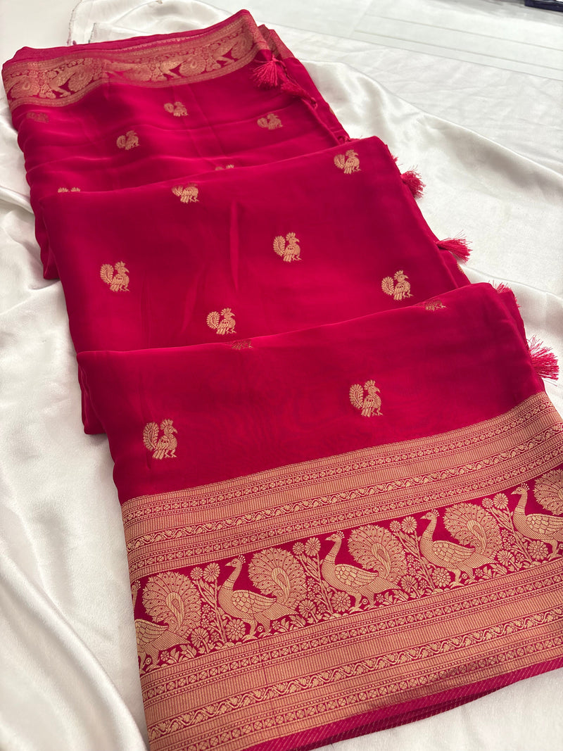 Rani pink crepe banaras saree with peacock buttas and big rich border,, comes with fancy self blouse,, beautiful feel fall fabric🌹 🌹-AU3