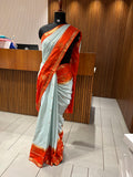 Light Blue X Orange Premium Semi Mysore Crape Silk Saree- JU16