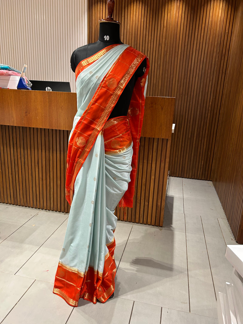 Light Blue X Orange Premium Semi Mysore Crape Silk Saree- JU16