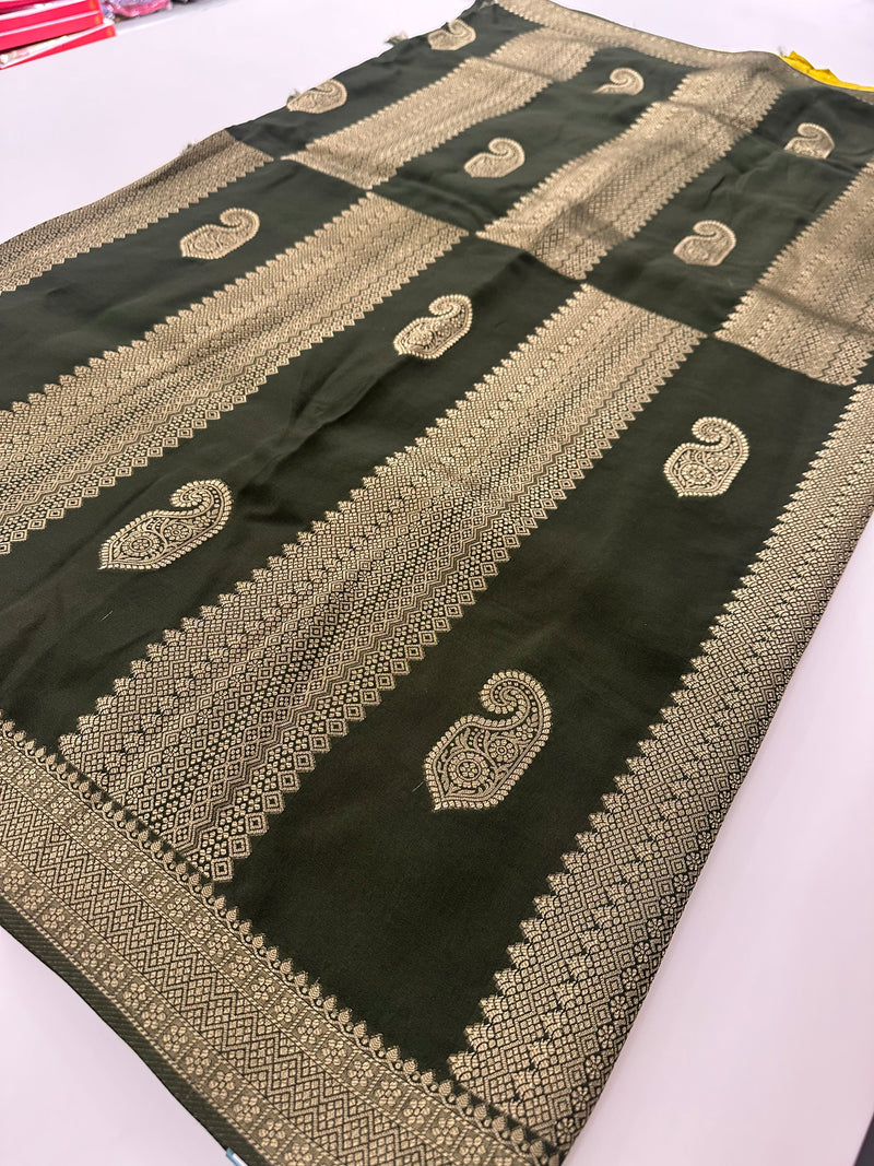 Olive x Yellow Tussar Designer Saree with Mango Butta All Over JU24