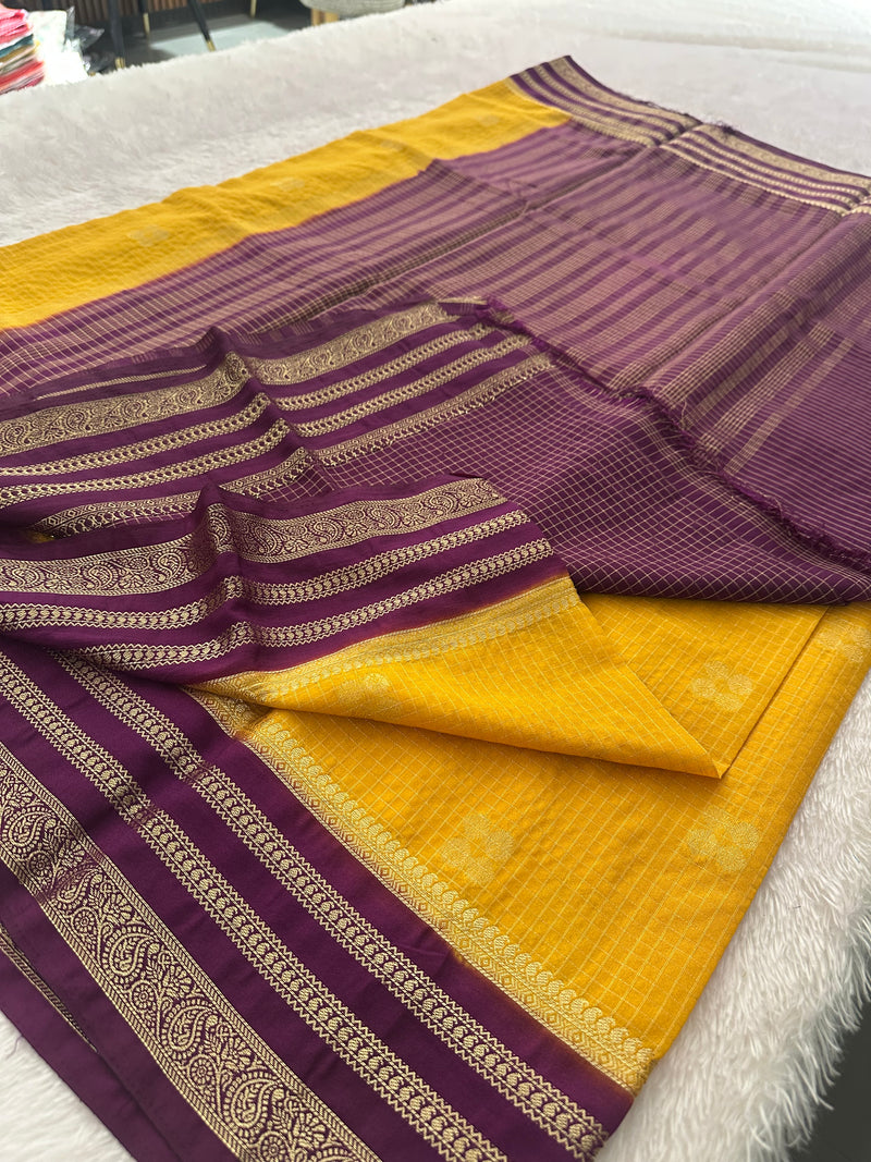 Semi Crepe Checks Saree - Yellow x Purple AU25