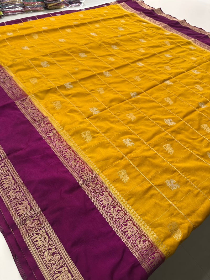Premium Semi Mysore Silk sarees with silver and gold weavings and contrast blouse piece🌹-AU9