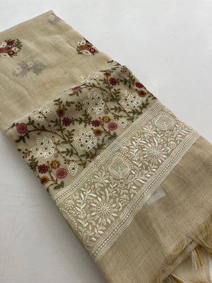 Linen embroidery fancy saree