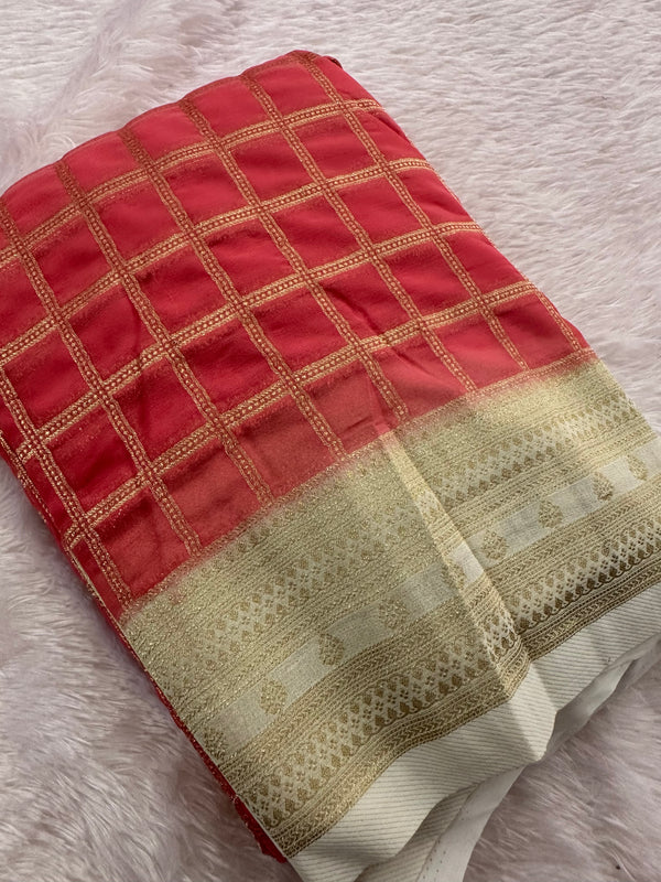 Premium Georgette Sarees In Checks Zari and Small Border with Contrast Blouse Piece 🌹-JU18