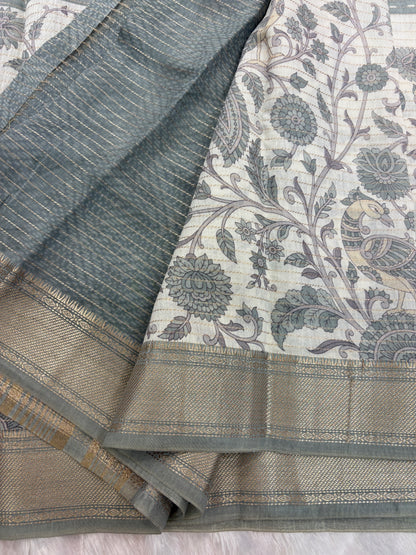 Grey Floral Chanderi Cotton Saree-M101