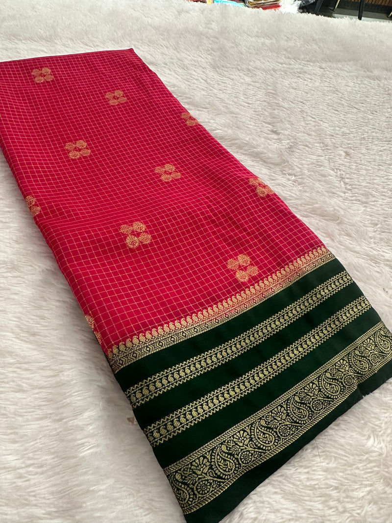 Semi Crepe Checks Saree - Pink x Green AU25