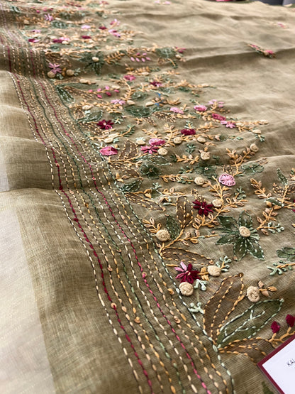 Designer linen  saree full embroidery