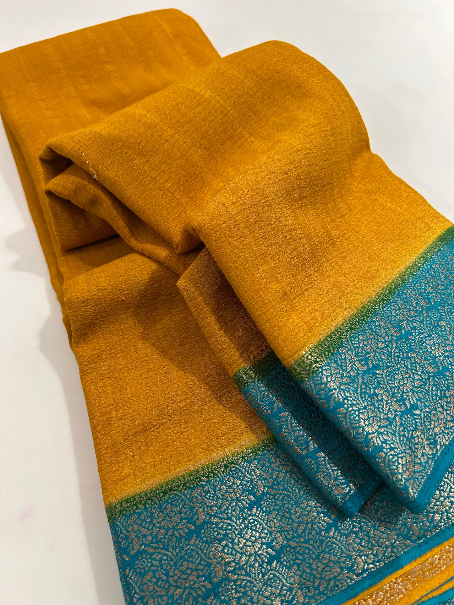 Golden yellow X sapphire blue plain crush Georgette saree with contrast combination-DC16