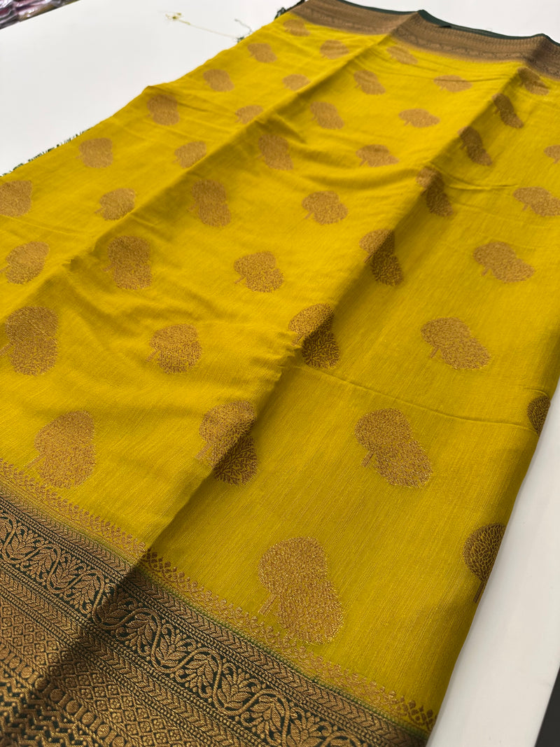 Lemon Yellow x Green Tussar Cotton Saree with Double Leaf Butta All Over JU24