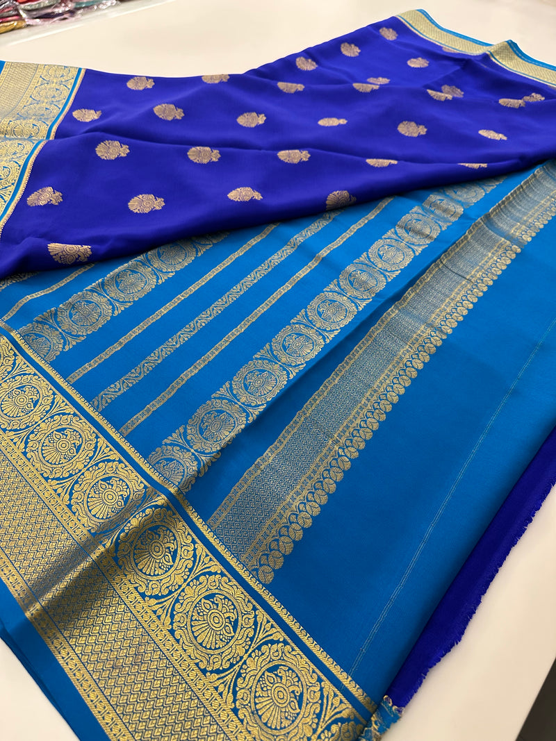 Royal Blue Garuda Pattern Pure Mysore Silk Saree - AU10